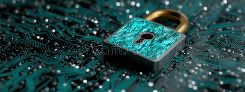 Teal padlock on a detailed electronic circuit board, symbol of digital security and encryption. stock photo