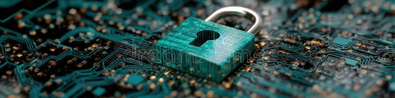 Teal padlock on a detailed electronic circuit board, symbol of digital security and encryption. stock image