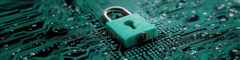 Teal padlock on a detailed electronic circuit board, symbol of digital security and encryption. royalty free stock image