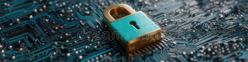 Teal padlock on a detailed electronic circuit board, symbol of digital security and encryption. stock image