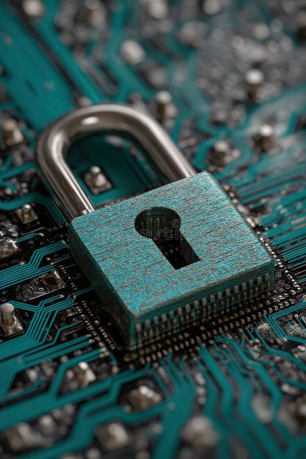 Teal padlock on a detailed electronic circuit board, symbol of digital security and encryption. royalty free stock photo