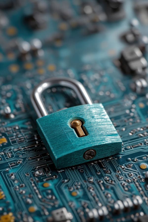 Teal padlock on a detailed electronic circuit board, symbol of digital security and encryption. royalty free stock photography