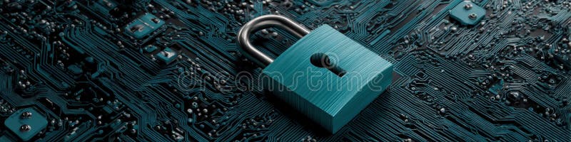 Teal padlock on a detailed electronic circuit board, symbol of digital security and encryption. royalty free stock photos