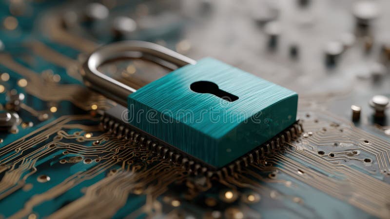 Teal padlock on a detailed electronic circuit board, symbol of digital security and encryption. stock images