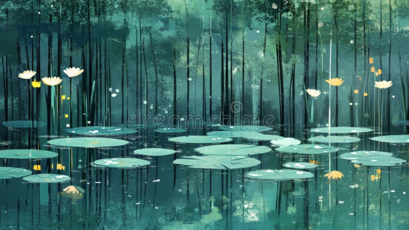 Teal Water Lily Pond in Dark Forest stock illustration