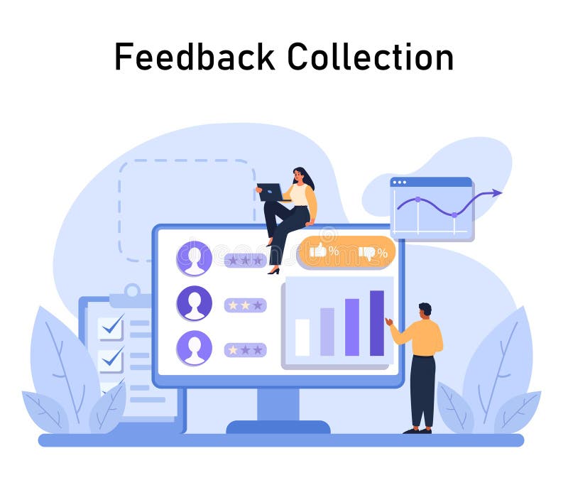Team analyzing customer feedback on large screen royalty free illustration