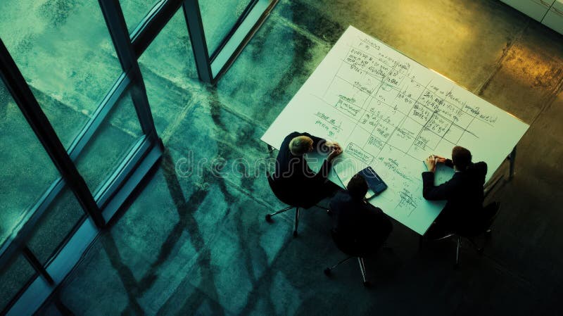 Team Brainstorming Session Around Large Whiteboard. Three colleagues collaborate around a large whiteboard during a brainstorming session in a modern office setting