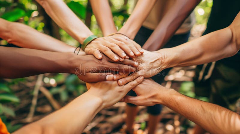 Team building exercise with closeup of team stacking hands vector illustration
