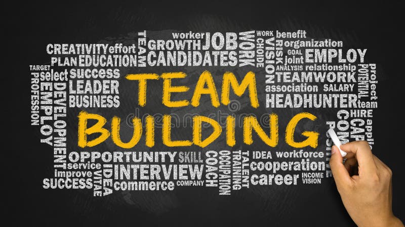 Team building with related word cloud hand drawing on blackboard stock photography