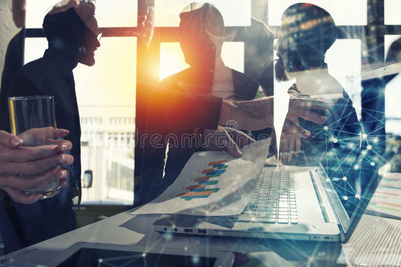 Team of business person works together. Concept of teamwork. Double exposure with internet connection network effects. royalty free illustration Team of business person works together. Concept of teamwork. Double exposure with internet connection network effects. royalty free illustration