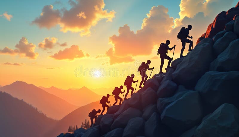 Team climbs mountain at sunset. Silhouettes of people hiking up a rocky mountainside. Sunrise or sunset colors in sky. Mountains stock illustration
