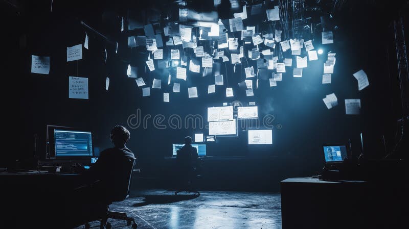 Team collaborates on important project during a call in a space station module while surrounded by screens and floating documents stock images