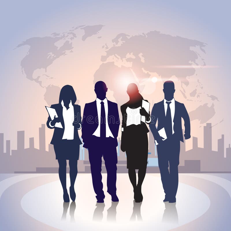 Team Crowd Black Silhouette Businesspeople för affärsfolk grupp över världskartastadsbakgrund stock illustrationer Team Crowd Black Silhouette Businesspeople för affärsfolk grupp över världskartastadsbakgrund stock illustrationer