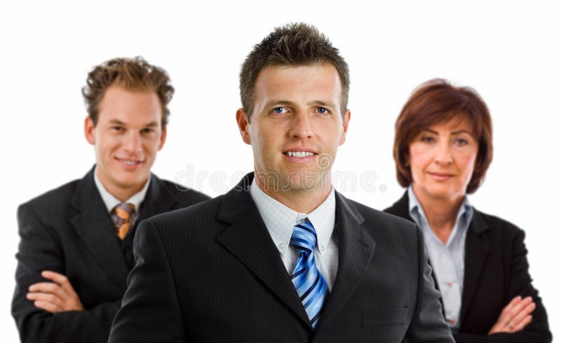 Team portrait of smiling business people, white background. Team portrait of smiling business people, white background.