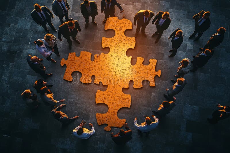 Team di lavoro collaborativo che incontrano l'unità attraverso il concetto puzzle per un lavoro di squadra efficace illustrazione di stock