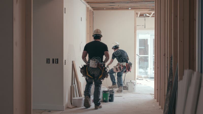 A team of diligent construction workers labor under the bright sun, shaping a house with beams and bricks, transforming royalty free stock photo