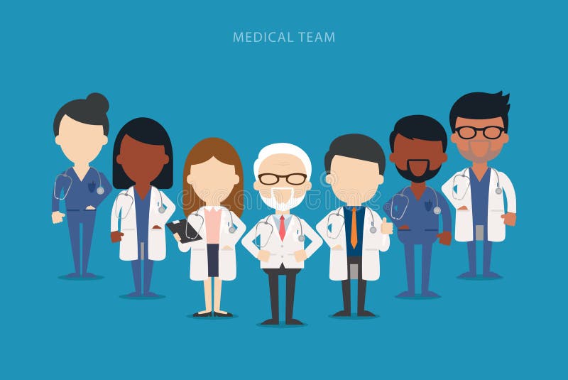 Team of doctors and other hospital workers stand together. Vector stock illustration Team of doctors and other hospital workers stand together. Vector stock illustration