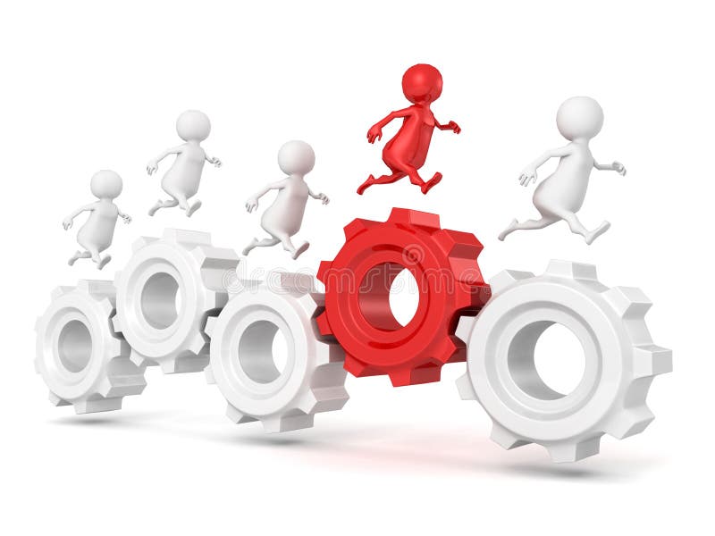 Team group with red leader 3d man run on connected work gears vector illustration
