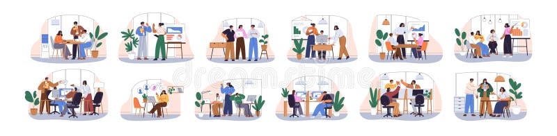 Team, group work. Teamwork in office. Colleagues collaboration, meeting, professional ideas discussion. Business vector illustration