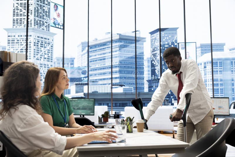 Coworkers reaching job agreement with person using canes royalty free stock images
