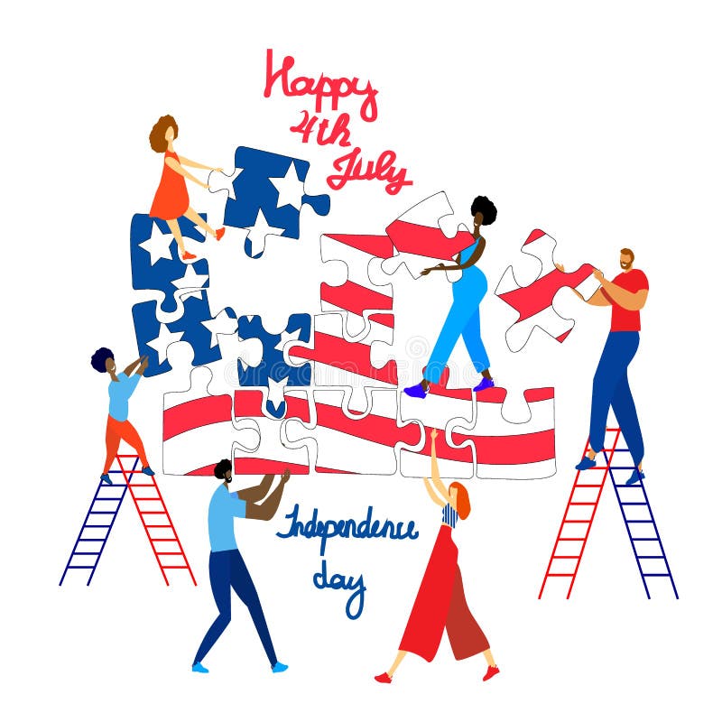 A team of people do a puzzle of american flag together. Unity concept. Vector stok illustration. A team of people do a puzzle of american flag together. Unity royalty free illustration