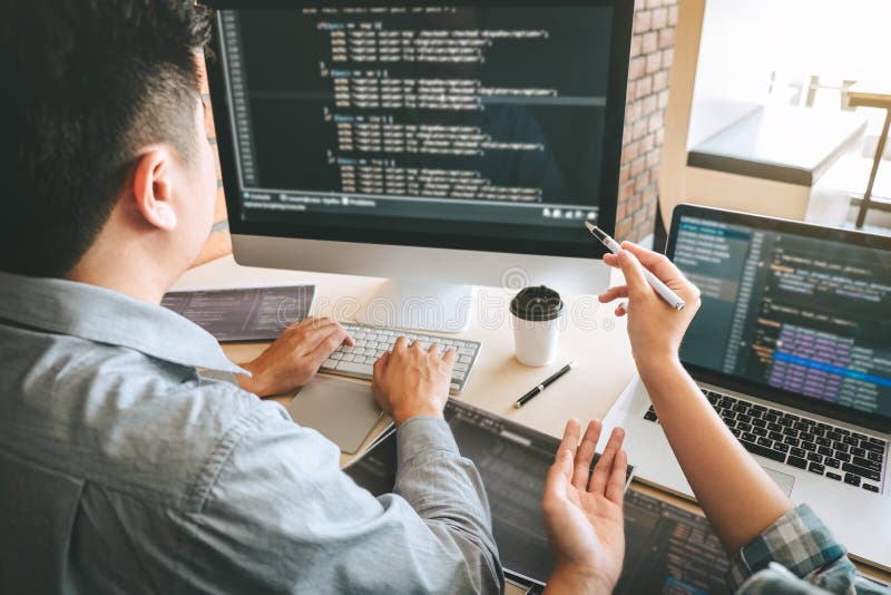 Team of Professional Developer programmer cooperation meeting and brainstorming and programming in website working a software and royalty free stock photo