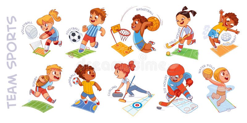 Team sport. Volleyball, football, basketball, hockey, dodgeball, rugby, handball, curling, water polo