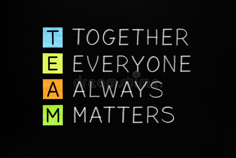 TEAM acronym Together Everyone Always Matters handwritten with white chalk on blackboard. Teamwork concept. TEAM acronym Together Everyone Always Matters handwritten with white chalk on blackboard. Teamwork concept.