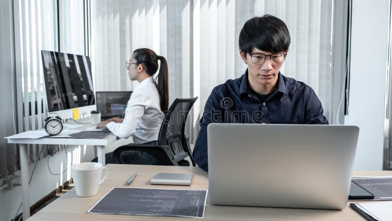 Team of two professional programmers working on website projects in software development and making coding and typing data code royalty free stock photography