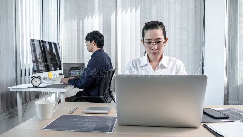 Team of two professional programmers working on website projects in software development and making coding and typing data code royalty free stock image