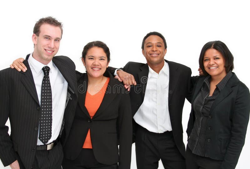Gruppo di quattro fiducioso persone felici in un ambiente della squadra, concettuale, di volontariato o di un concetto commerciale.