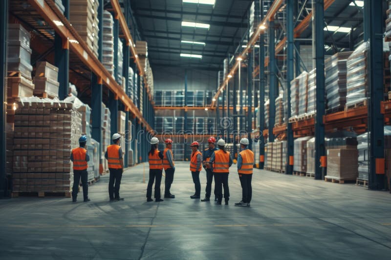 Team of warehouse workers in safety vests engaging in a group discussion inside a large distribution center stock illustration