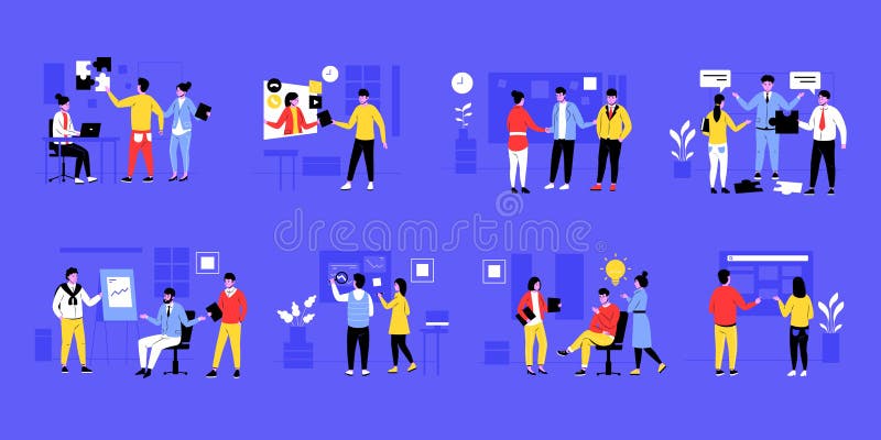 Team work characters. Group of business people working together, solving problem and brainstorming. Vector office stock illustration
