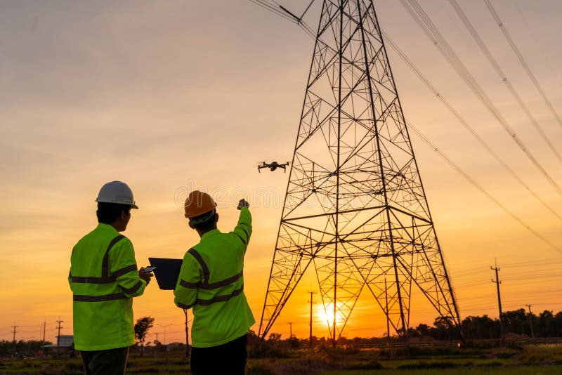 Team work of Engineers location help Technician use drone to flying inspect equipment instead of workers at the high voltage