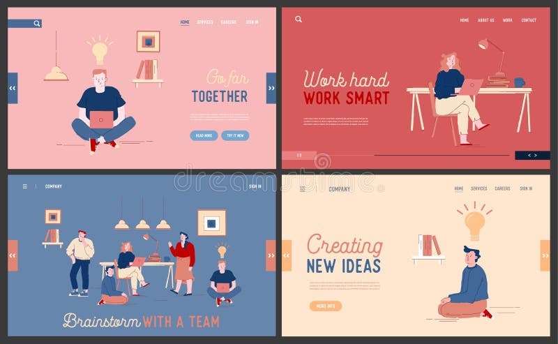 Team Work Project Development, Creative Idea Brainstorm Website Landing Page Set. Businesspeople Cooperate vector illustration