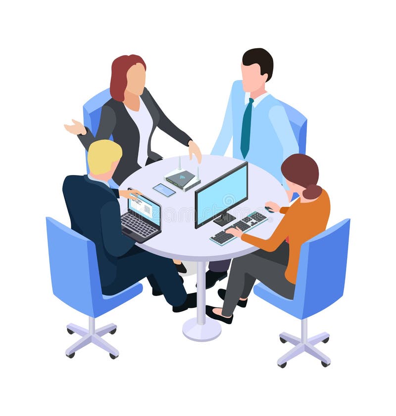 Teamarbeit. isometrische Geschäftstreffenleute, die auf den Tisch über Projekt sprechen oder Prozess Arbeit. Geistesblitzvektor lizenzfreie abbildung