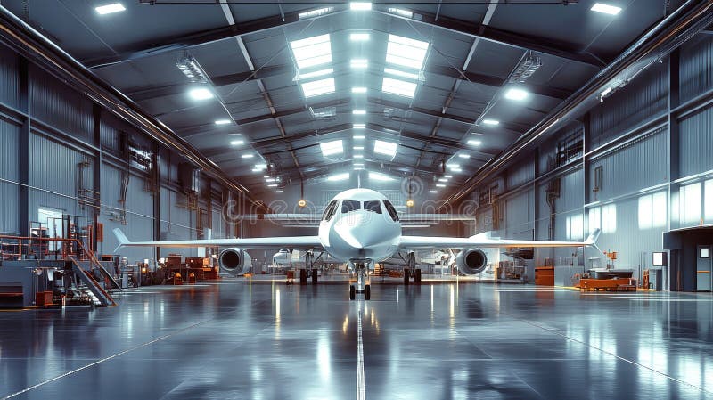Teams of engineers and technicians collaborate in a bright, modern aerospace facility, surrounded by innovative aircraft and royalty free illustration