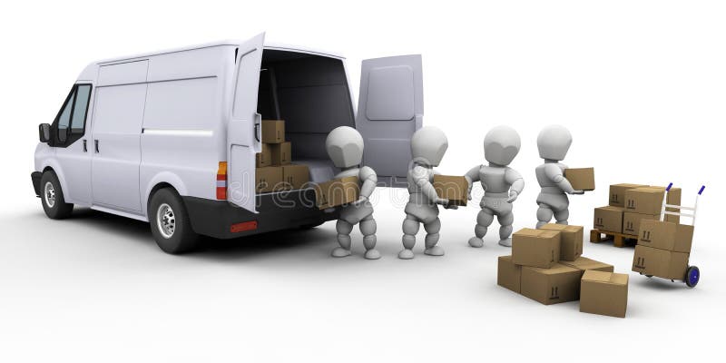 3D render of a team of people unloading a van. Stack vehicle illustrations