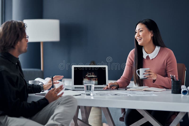 Teamwork, architecture and communication with laptop screen for planning, remodeling design and building ideas stock image
