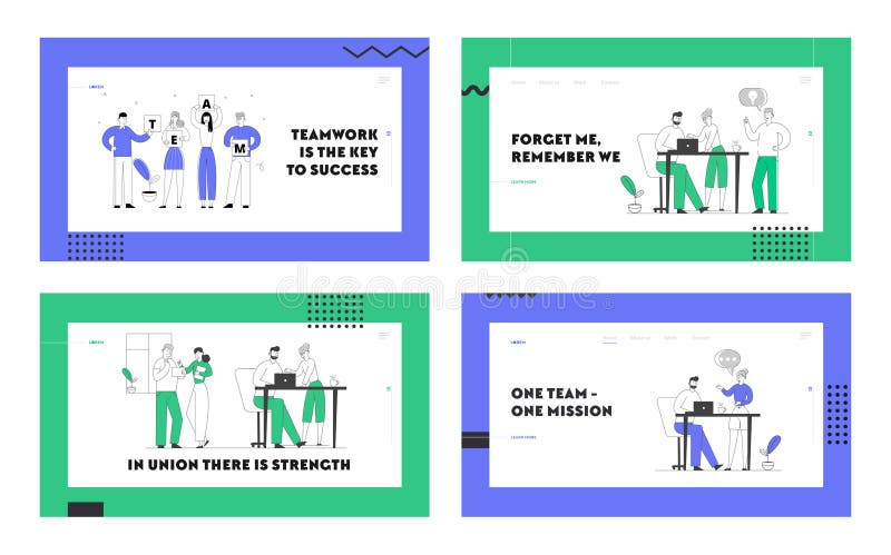 Teamwork and Brainstorm Website Landing Page Set. Businesspeople Team Project Development, Creative Process in Office stock illustration