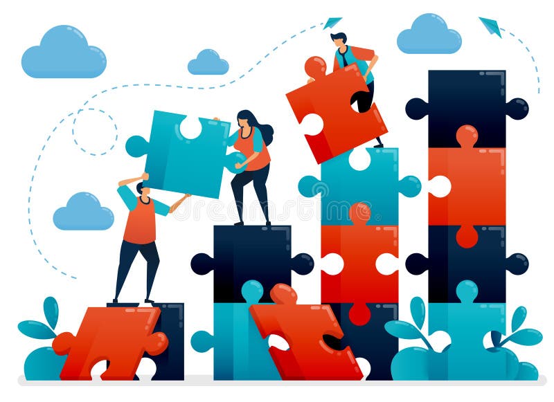 Teamwork and collaboration by solving puzzles. Metaphors understand business chart. Cooperate for company. Challenges and problems stock illustration