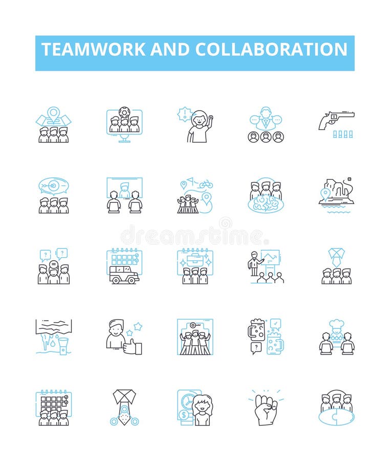 Teamwork and collaboration vector line icons set. Collaboration, Teamwork, Communicate, Cooperate, Networking, Unity royalty free illustration