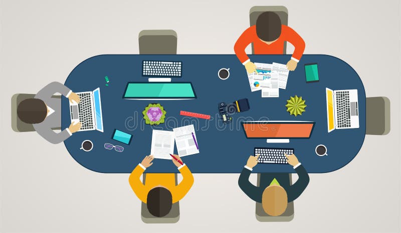 Teamwork for computers online. Business strategy, development projects, office life stock illustration