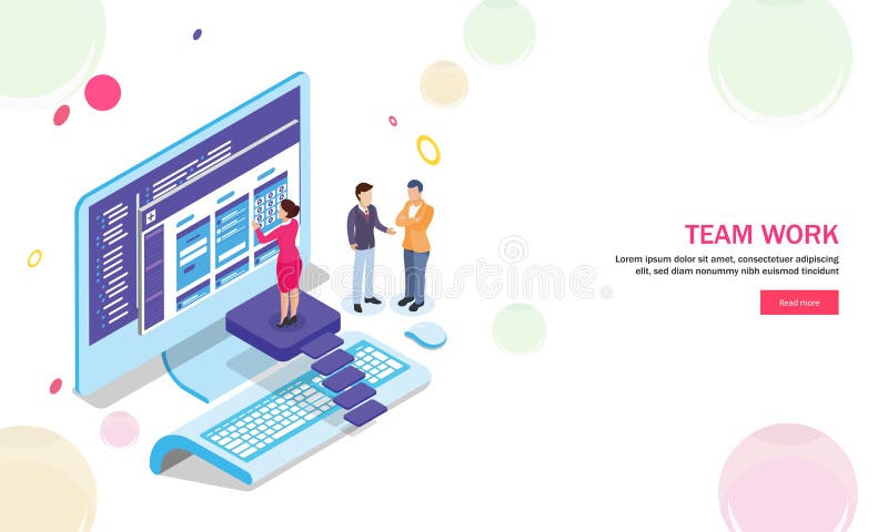 Teamwork concept based responsive landing page design, miniature vector illustration