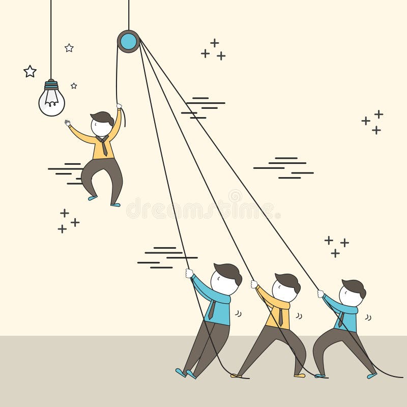 Teamwork concept: businessmen setting up a big lighting bulb in vector illustration