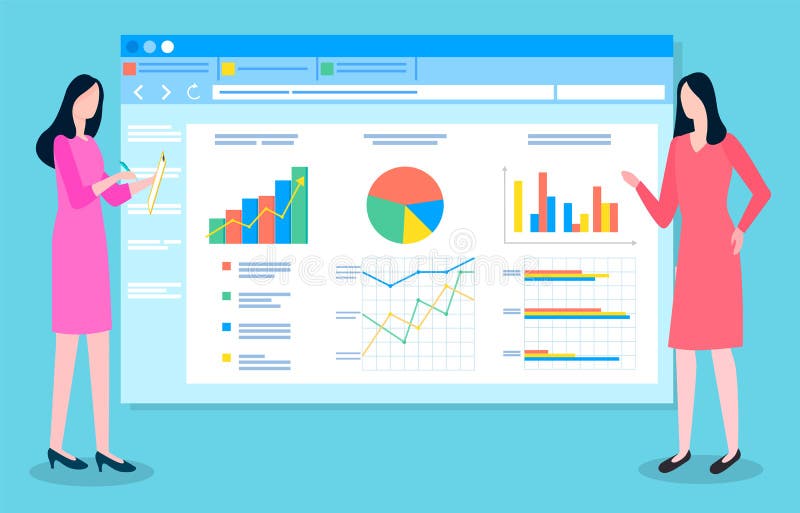 Teamwork concept, collaboration and discussion graphical business report with charts and graphs stock illustration