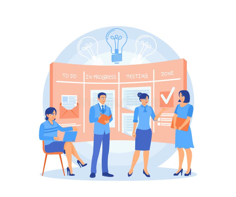 Teamwork concept. The programming team moves the cards on the electronic Kanban task board. stock illustration