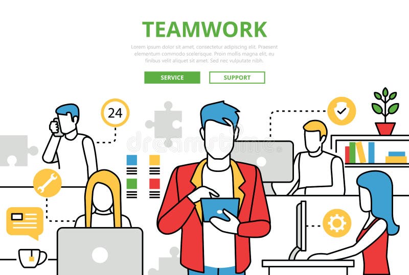 Teamwork concept team office vector flat line art infographics stock illustration