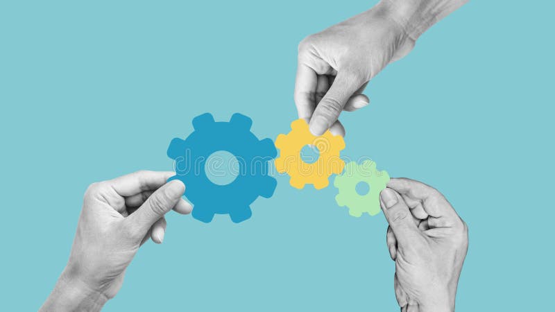 Teamwork and effective project management concept. Collage with hands with gears as Team building process royalty free stock image