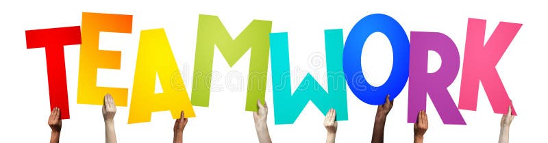 Teamwork - human hands holding colorful letters stock photography